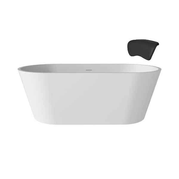 59 in. x 30 in. Solid Surface Stone Free Standing Bath Tubs Soaking Bathtub in White with Black Bathtub Pillow