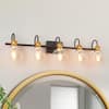 35.5 in. 5-Light Aged Brass Vanity Light with Black Linear Frame and Modern  Clear Glass Globes