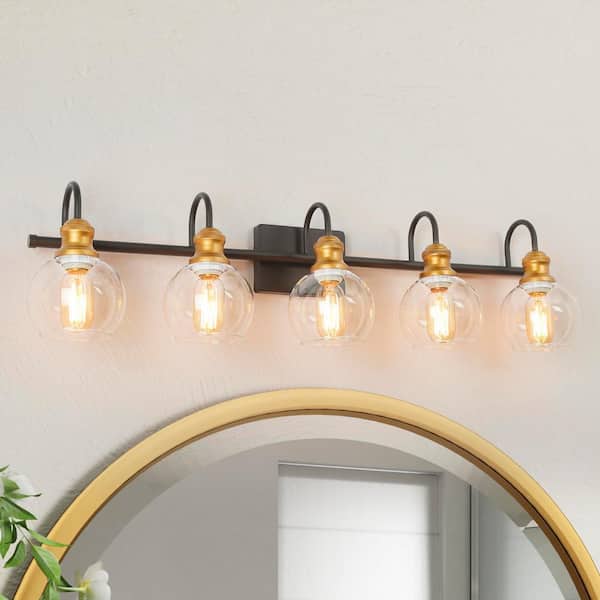 LNC 35.5 in. 5-Light Aged Brass Vanity Light with Black Linear Frame and Modern Clear Glass Globes