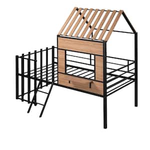 Black Metal Twin Size Loft Bed with Roof, Window, Guardrail, Ladder