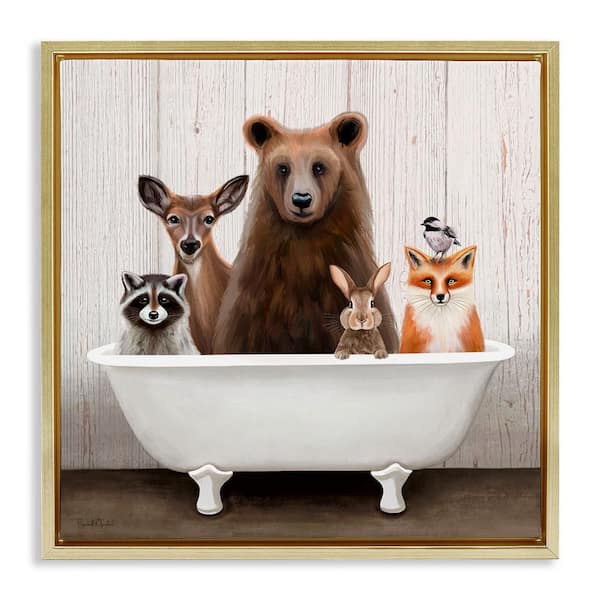 Stupell Industries Woodland Creatures Bathtub by Elizabeth Tyndall 1-Piece Gold Floater Frame Animal Graphic Art Print 18 in. x 18 in.