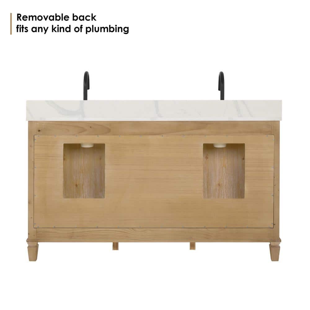 Solana 60" Weathered Fir Double Sink Vanity with White Quartz Top and Mirrors