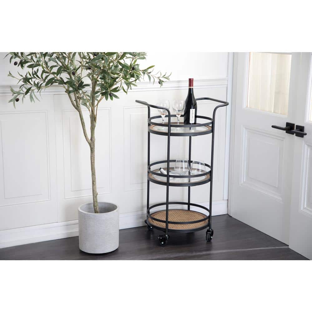 21'' Brown Metal and Rattan Round Bar Cart with Glass Shelves