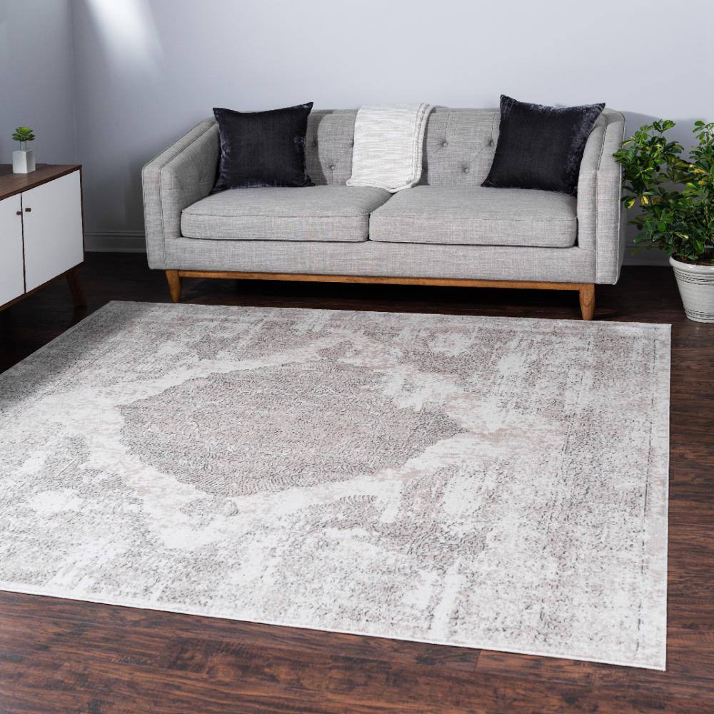 Ivory and Beige Square Stain-Resistant Area Rug