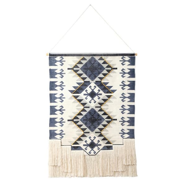 HomeRoots 46.5 in. x 25.5 in. Blue, White Off Southwestern Cotton Macrame Hanging Tapestry Wall Art 1-Piece
