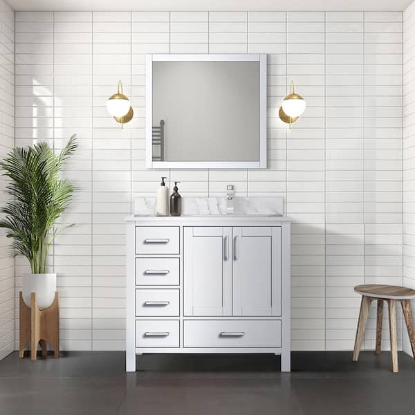 Lexora Jacques 36 in. W x 22 in. D Right Offset White Bath Vanity and Carrara Marble Top