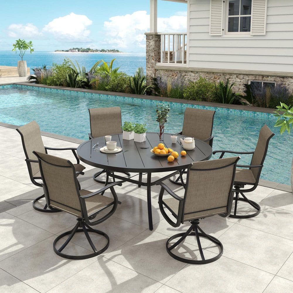 7-Piece All-Weather Metal Outdoor Patio Dining Set with 53 in. Black Round Table and 6 Brown Textilene Swivel Chairs price history on PriceWatchPro