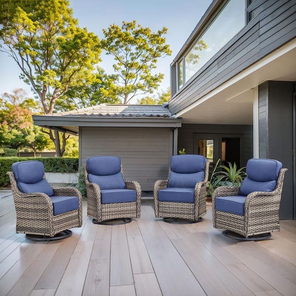 Arcadia Gray Wicker Outdoor Rocking Chair Patio Swivel Glider with 6 in. Thick Navy Blue Box-Edge Cushions (4-Pack)