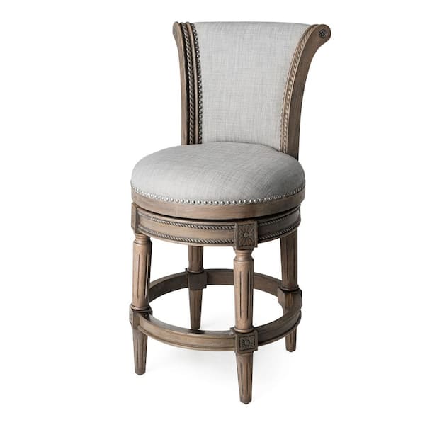 MAVEN LANE Pullman 26 in. Reclaimed Oak High Back Wooden Counter Stool with Premium Ash Grey Fabric Upholstered Seat