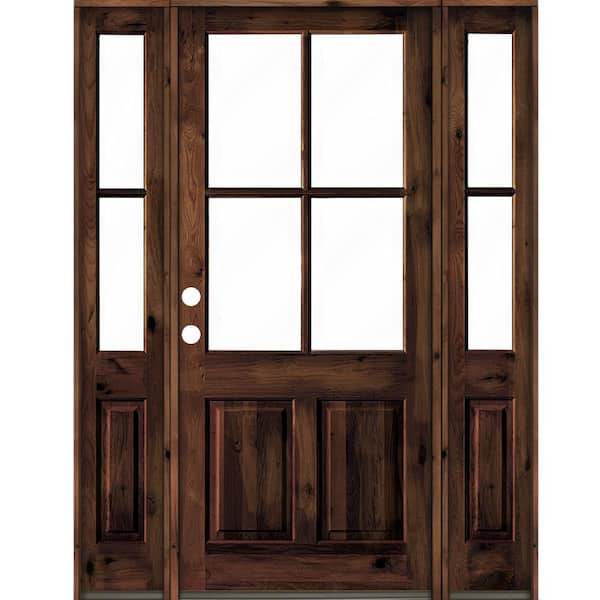 Krosswood Doors 64 in. x 96 in. Alder Right-Hand/Inswing 4-Lite Clear Glass Red Mahogany Stain Wood Prehung Front Door/Double Sidelite