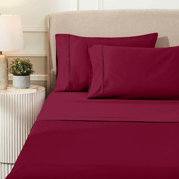1200-Thread Count 4-Piece Burgundy Solid Egyptian Cotton Deep Pocket Full Sheet Set