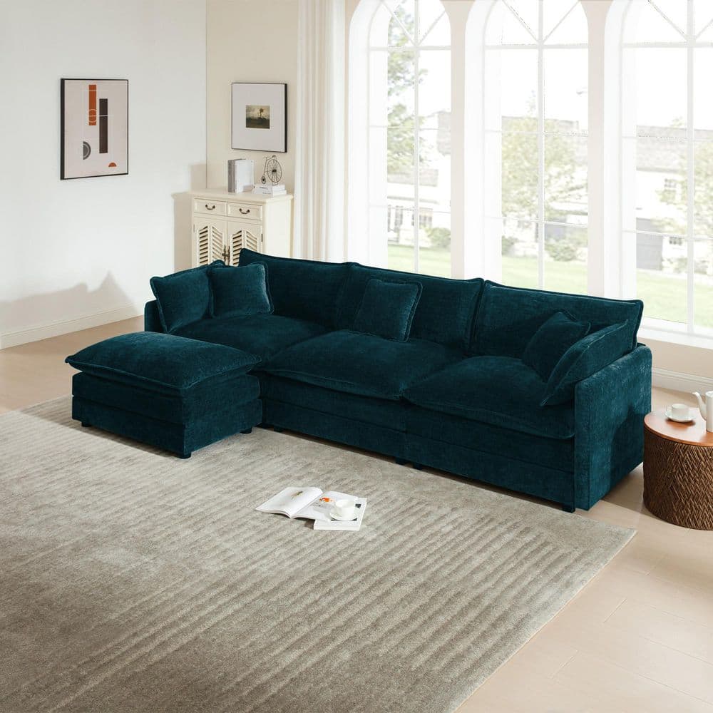 Modern 111.4 in. Square Arms Chenille L-Shaped Modular Sectional Sofa in Blue with Reversible Ottoman