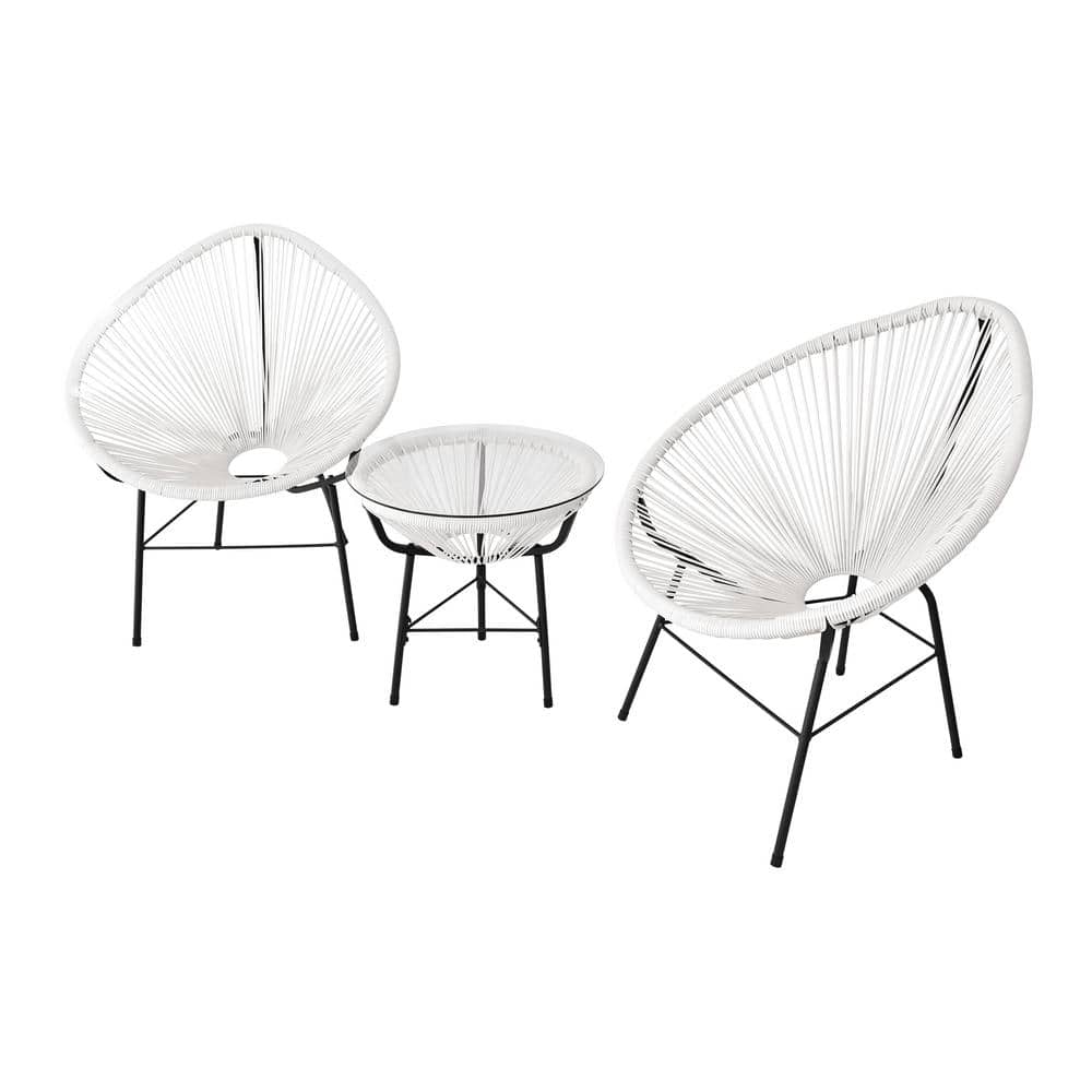 White 3-Piece PE Plastic Rattan Outdoor Bistro Set 2 Chairs with Glass Top 