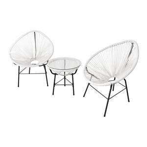 White 3-Piece PE Plastic Rattan Outdoor Bistro Set 2 Chairs with Glass Top Coffee Table