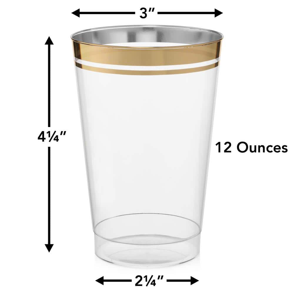 12 oz Clear Plastic Cups with Gold Rim, Set of 100
