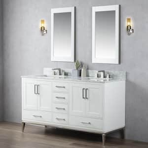 60 in. W x 22 in. D x 34.3 in. H Double Sink Freestanding Bath Vanity in White with White Carrara Marble Top