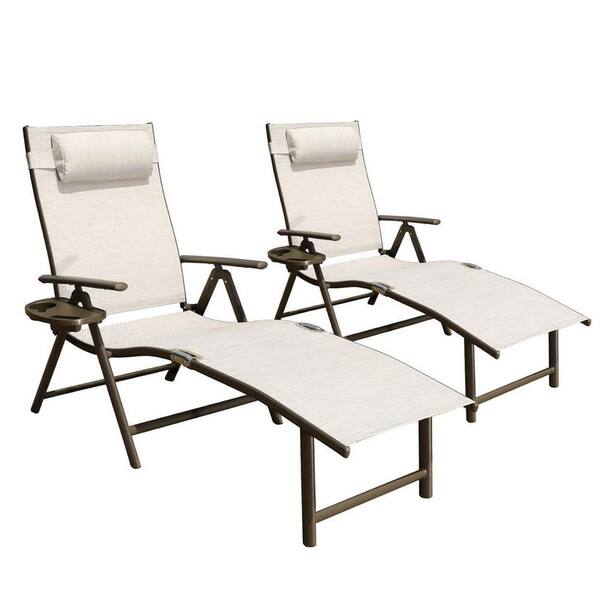 Flynama Adjustable Reclining Folded Metal Patio Outdoor Lounge Chair in Beige without Cushion (Set of 2)
