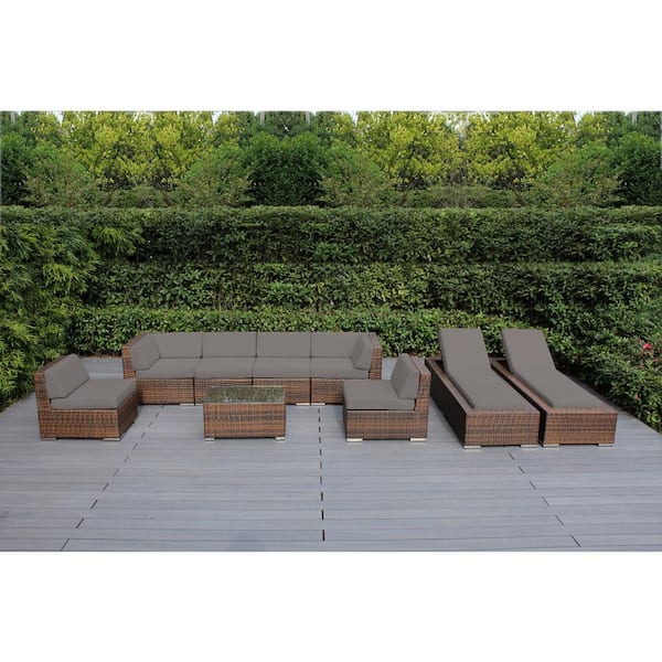 Mixed Brown 9-Piece Wicker Patio Combo Conversation Set with Sunbrella Taupe Cushions