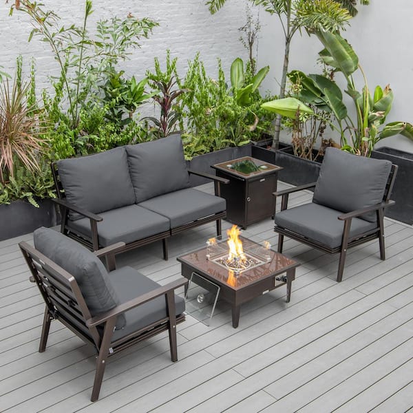 Leisuremod Walbrooke Brown 5-Piece Aluminum Square Patio Fire Pit Set with Charcoal Cushions and Tank Holder