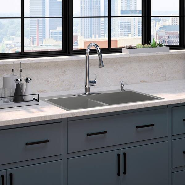 KOHLER Vault Drop In/Undermount Stainless Steel 33 in. 1-Hole Double Bowl Kitchen Sink with Simplice Faucet