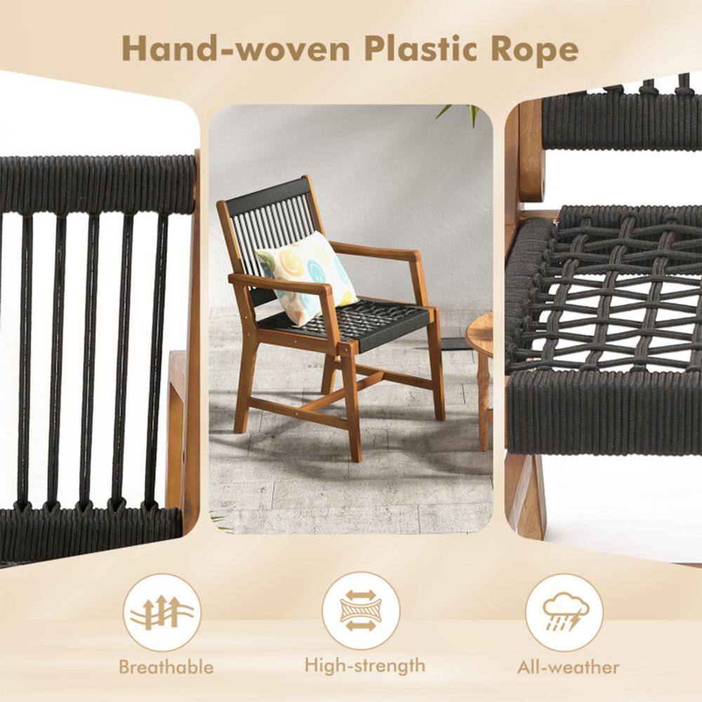 Set of 2 Black Rope Woven Acacia Wood Dining Chairs