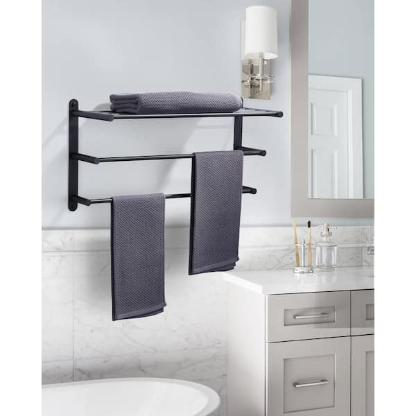 24 in. Matte Black 3-Tier Wall Mounted Towel Rack with Mounting Hardware in Stainless Steel