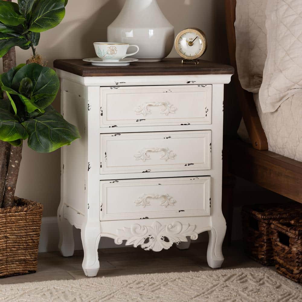 Levron Antique White and Walnut Brown 3-Drawer Solid Wood Nightstand