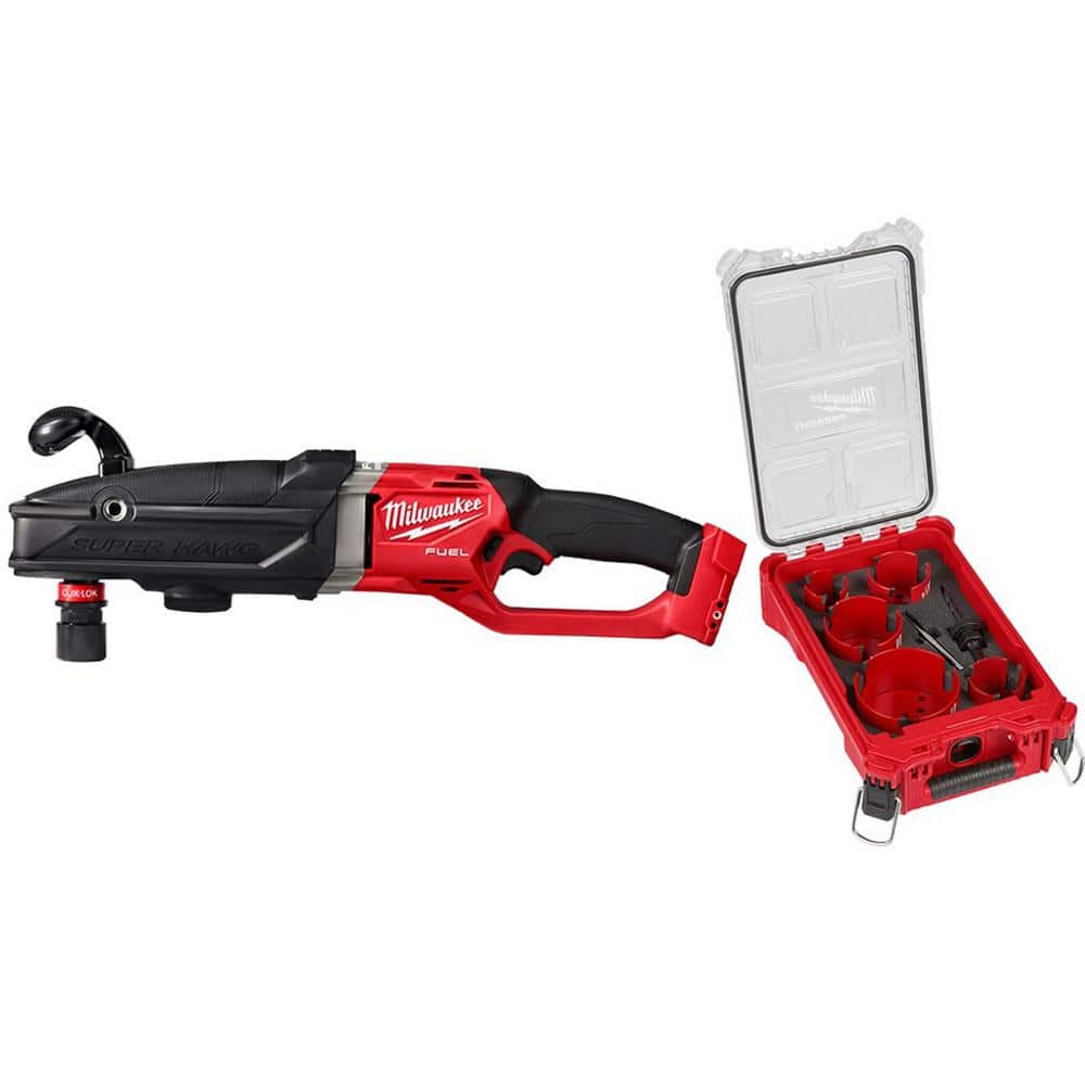 Milwaukee M18 FUEL 18-Volt Lithium-Ion Brushless Cordless GEN 2 SUPER HAWG 7/16 in. Right Angle Drill w/9pc PACKOUT Hole Saw Kit -  2811-20-49-56-9