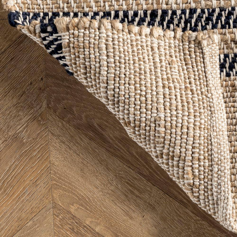 Natural Jute Flatwoven Runner Rug with Blue Stripes, 2' x 8'
