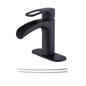 Single-Handle Waterfall Spout Single-Hole Bathroom Faucet with Deckplate and Supply Line in Matte Black
