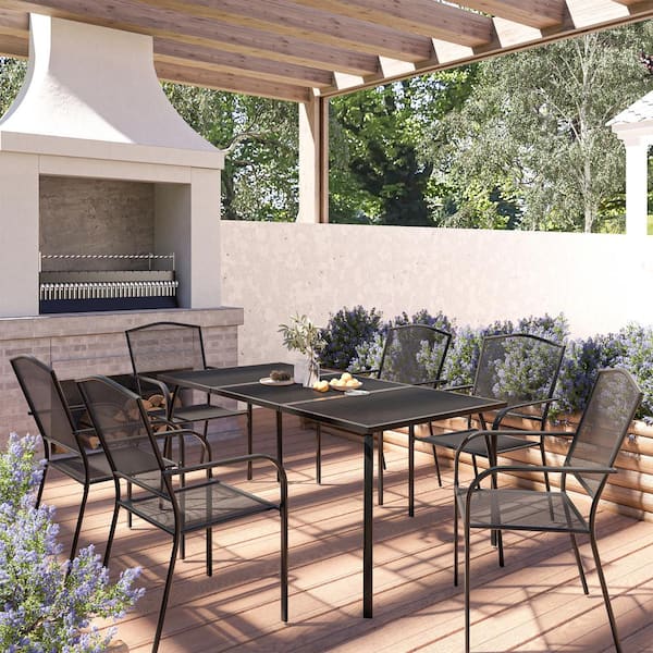 Mondawe 7-Piece Black Steel Mesh Dining Chair Rectangle Table 28.3 in. Height Outdoor Dining Set