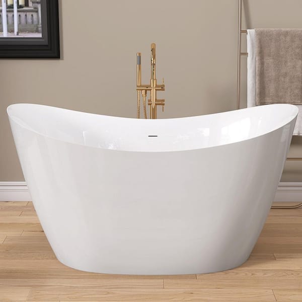 51 in. x 27.5 in. Freestanding Deep Soaking White Bathtub Oval Double Slipper Alone Bath Tub with Chrome Center Drain