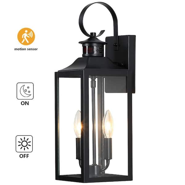 2-Light Black Motion Sensing Dusk to Dawn Outdoor Hardwired Wall Lantern Scone with Clear Glass, No Bulbs Included