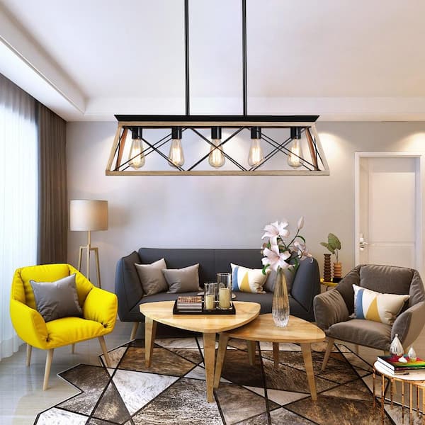 5-Light Farmhouse Chandeliers Pendant For Dining Room in Oak, Metal Rustic Island Light Fixture