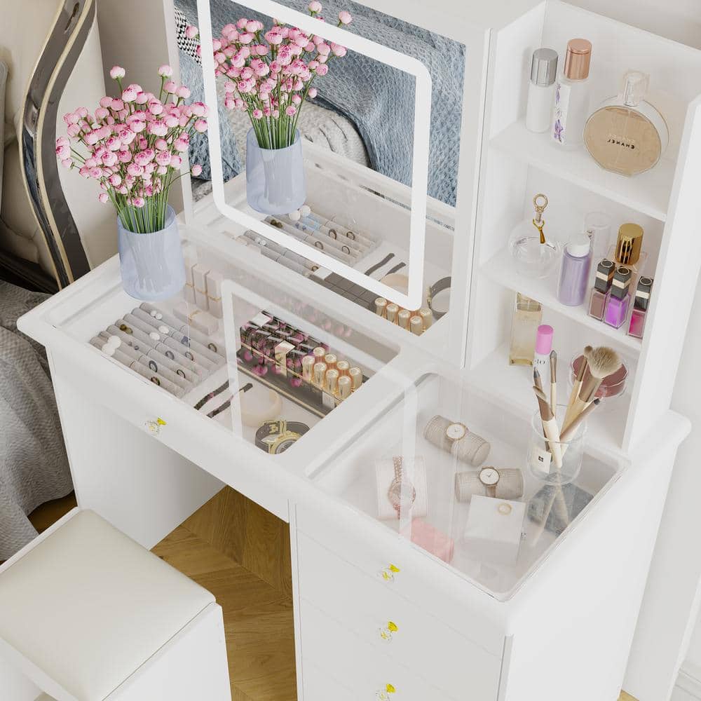 White Makeup Vanity Set Dressing Desk with Glass Top, Sliding LED Lighted Mirror, Drawers, Storage Shelves and Stool - thumbnail 5
