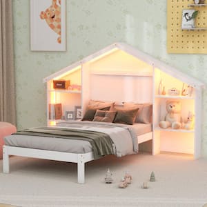 White Wood Frame Twin Size Platform Bed with Built-In LED Lighting, House-Shaped Headboard with Shelves