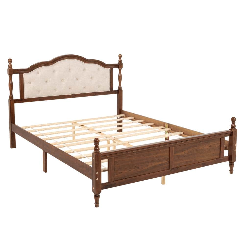 Walnut Wood Frame Queen Size Platform Bed with Upholstered Headboard and Panel Footboard