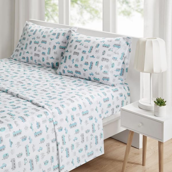 Novelty 3-Piece Grey/Blue Road Trip Microfiber Twin XL Print Sheet Set