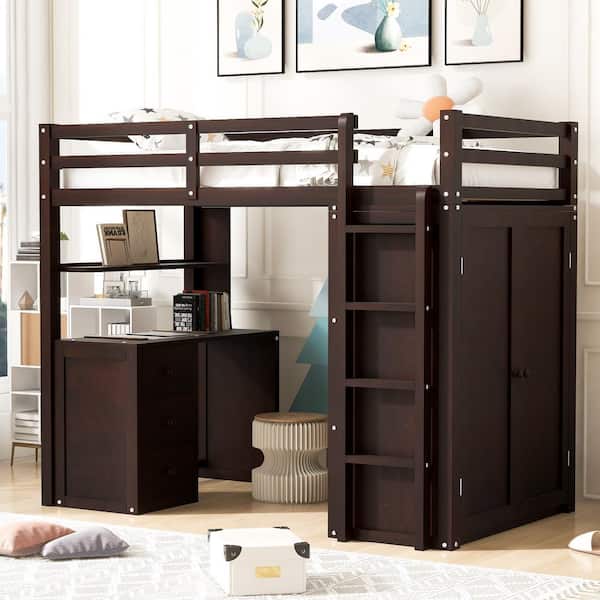 Qualler Espresso Twin Size Loft Bed with Desk, Drawers, and Wardrobe