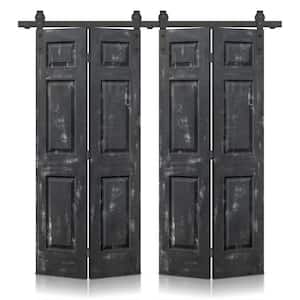 48 in. x 80 in. Vintage Black Stain 6 Panel MDF Double Hollow Core Bi-Fold Barn Door with Sliding Hardware Kit