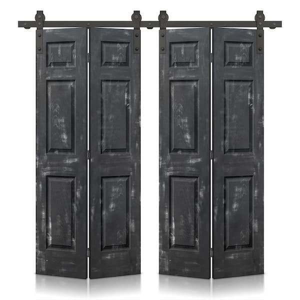 CALHOME 60 in. x 84 in. Hollow Core Vintage Black Stain 6 Panel MDF Double Bi-Fold Barn Door with Sliding Hardware Kit