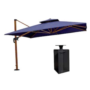 11 ft. Square High-Quality Wood Pattern Aluminum Cantilever Polyester Patio Umbrella with Base in Ground, Navy Blue