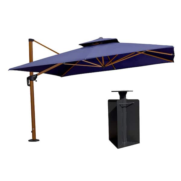 PURPLE LEAF 11 ft. Square High-Quality Wood Pattern Aluminum Cantilever Polyester Patio Umbrella with Base in Ground, Navy Blue
