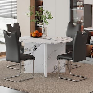 5-Piece Round White MDF Top Dining Table Set Seats 4 with 4 Black PU Upholstered Chairs