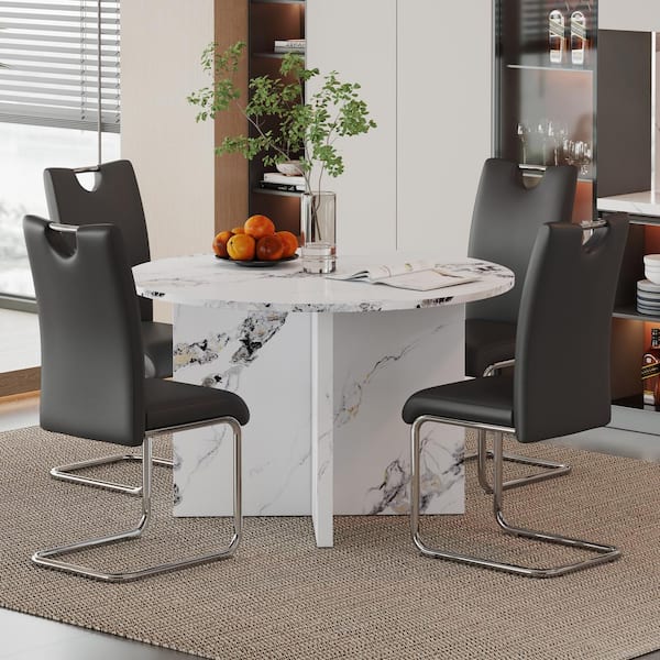 Harper & Bright Designs 5-Piece Round White MDF Top Dining Table Set Seats 4 with 4 Black PU Upholstered Chairs