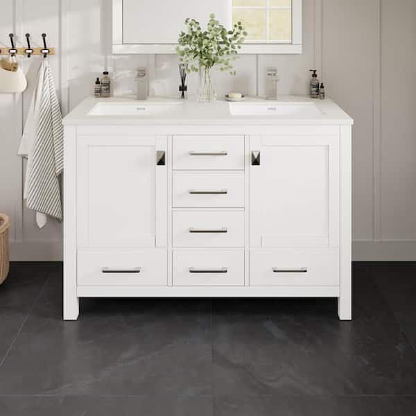 London 54 in. Double Sink White Bath Vanity with White Carrara Quartz Top (Assembled)