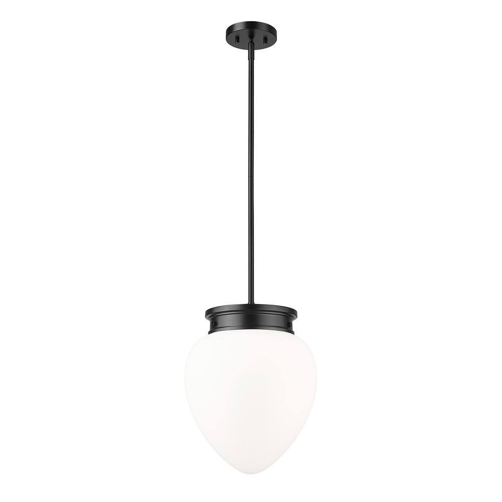 Gideon 12.5 in. 1-Light Matte Black Shaded Pendant Light with Etched Opal G