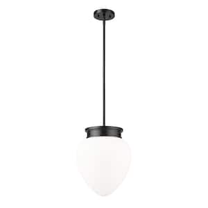 Gideon 12.5 in. 1-Light Matte Black Shaded Pendant Light with Etched Opal Glass Shade, No Bulbs Included