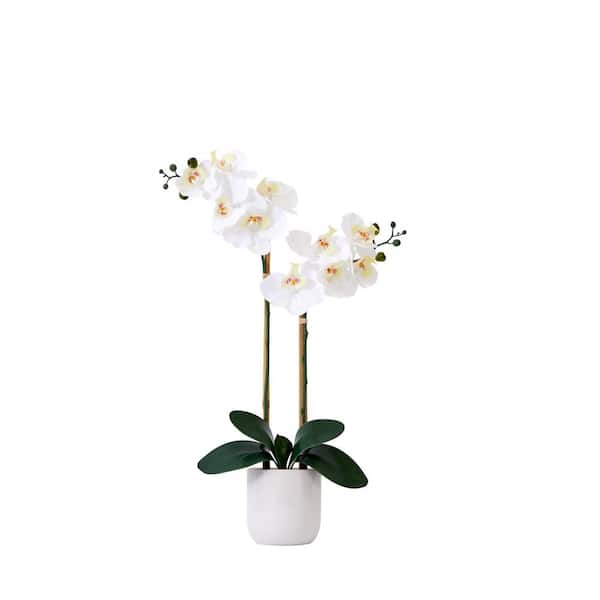 Nearly Natural 26 in. White Artificial Double Orchid Phalaenopsis Floral Arrangement with Decorative Vase (Real Touch)