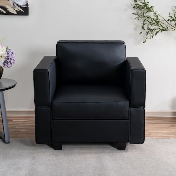 35.82 in. Square Arm 1-Piece Faux Leather Accent Chair/ Sectional Sofa in. Black with Ottoman and Streamlined Comfort